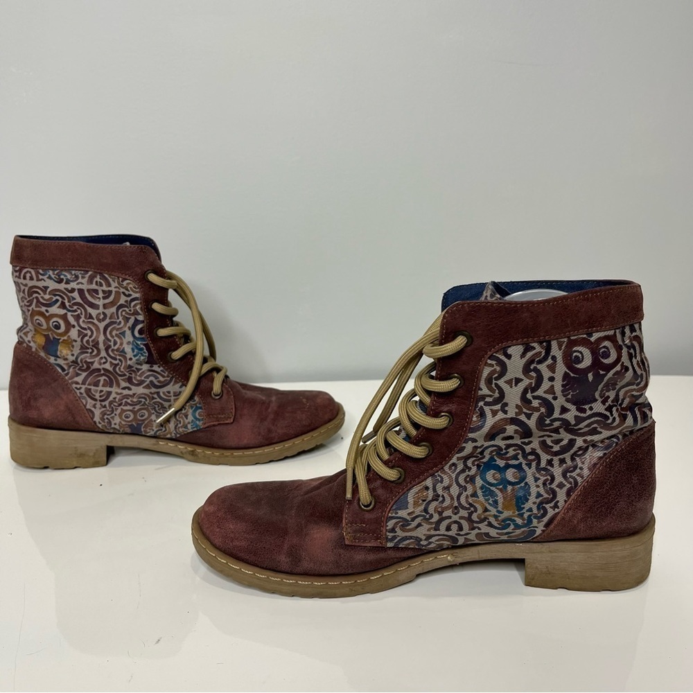 🦋🌙 CAT BY J | Maroon Purple Fabric Pattern with Owl Combat Booties